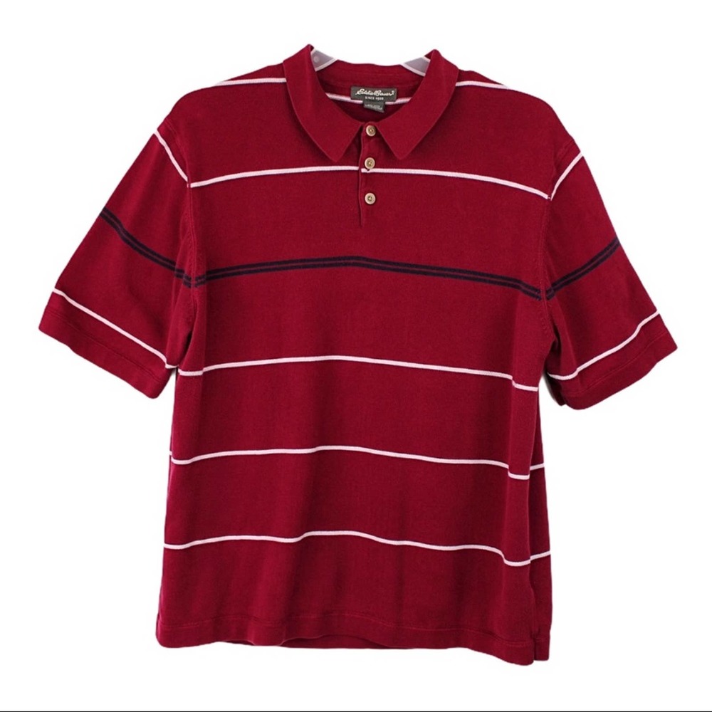 Men’s Eddie Bauer Short Sleeves Knit Polo, Stripes, Red, Blue, White, Size XL